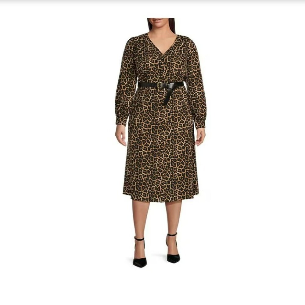 MICHAEL Michael Kors Kate Cheetah Print V-Neck Long Sleeve Belted A-Line Dress